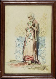 Arte Islamica - 'Acquerello orientalista su carta firmato PG'
