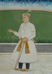 Arte Indiana - 'Miniatura raffigurante un nobile con rosario India, tardo XIX secolo Tempera opaca e oro su carta '