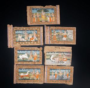 Arte Indiana - 'Lotto di sette miniature devozionali India settentrionale o Kashmir, tardo XIX secolo '