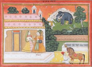 Arte Indiana - 'Miniatura raffigurante Raja e principessaIndia settentrionale, XIX secolo '