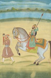 Arte Indiana - 'Ritratto equestre di nobile a cavallo India, probabilmente Deccan, tardo XIX -XX secolo '