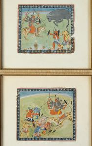 Arte Indiana - 'Tre miniature raffiguranti episodi del Devi Mahatmya India, Pahari, met XIX secolo '