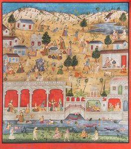 Arte Indiana - 'Grande miniatura istoriata con episodi della vita di Krishna India settentrionale, XIX secolo '