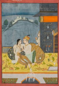 Arte Indiana - 'Miniatura raffigurante una coppia in giardino di notteIndia, Rajasthan o Deccan, XIX secolo '