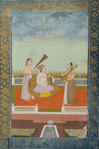 Arte Indiana - 'Miniatura indiana raffigurante nobile su un trono dorato India, Rajasthan, Bikaner o Jaipur, fine XVIII-inizio XIX secolo '