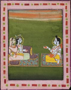 Arte Indiana - 'Miniatura raffigurante una coppia e yogi in stile Kishengarh India settentrionale, Rajasthan, XX secolo Pigmenti e oro su carta '