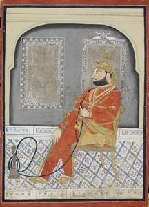 Arte Indiana - 'Miniatura raffigurante nobile che fuma la huqqa India settentrionale, Rajasthan, tardo XIX - inizio XX secolo '