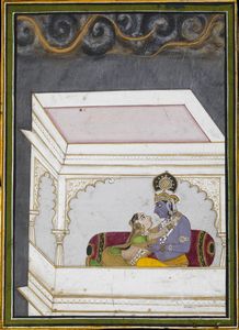 Arte Indiana - 'Miniatura raffigurante Krishna e Rada India, Rajasthan, forse Bundi, tardo XIX - XX secolo '