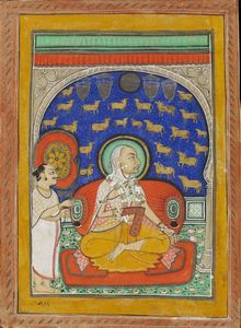 Arte Indiana - 'Miniatura raffigurante un nobile in preghiera ed un servo con ventaglio India Settentrionale, inizio XX secolo Pigmenti e oro su carta '