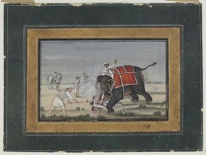 Arte Indiana - 'Miniatura raffigurante un elefante che uccide un mahoutIndia, inizio XX secolo '