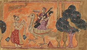 Arte Indiana - 'Miniatura raffigurante Sarasvati sul pavone India Settentrionale, Rajasthan, XIX secolo o antecedente'