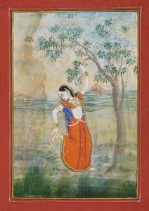 Arte Indiana - 'Miniatura raffigurante donna sotto un alberoIndia Settentrionale, XIX secolo  Pigmenti naturali e oro su carta '