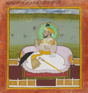 Arte Indiana - 'Miniatura raffigurante Raja seduto su una terrazzaIndia Settentrionale, Rajasthan, tardo XIX secolo Pigmenti naturali e oro su carta '