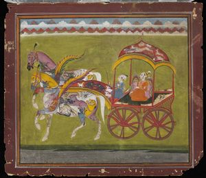 Arte Indiana - 'Miniatura raffigurante carro trainato da due cavalli compositi India settentrionale, XIX secoloPigmenti e oro su carta  '