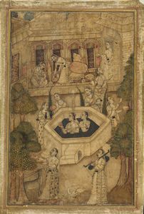 Arte Indiana - 'Miniatura raffigurante donne al bagno India, Mogul provinciale, XVIII-XIX secolo  Inchiostro, pigmenti e oro su carta '