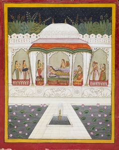 Arte Indiana - 'Miniatura raffigurante donne su terrazza India Settentrionale, Rajasthan, XX secolo  Pigmenti e oro su carta '