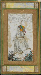 Arte Indiana - 'Raro ritratto di donna che suona un tamburo e canta India, Deccan, XVIII secolo Inchiostro, pigmenti e oro su carta '