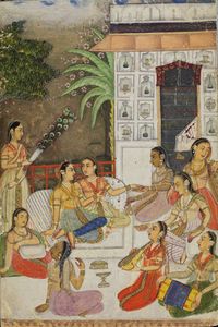 Arte Indiana - 'Miniatura raffigurante donne in esterno India, probabilmente Deccan, XIX secoloPigmenti naturali e oro su carta '