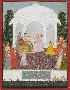 Arte Indiana - 'Miniatura raffigurante un Maharaja con danzatriciIndia, Rajasthan, seconda met XIX secoloPigmenti naturali e oro su carta '