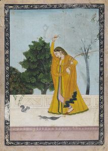 Arte Indiana - 'Miniatura raffigurante una donna su terrazza India Settentrionale, Pahari, Kangra, XIX secolo  Pigmenti naturali e oro su carta '