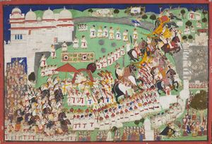 Arte Indiana - 'Miniatura raffigurante una parata India Settentrionale, Rajasthan, forse Bundi,  XVIII- XIX secolo Pigmenti naturali e oro su carta '