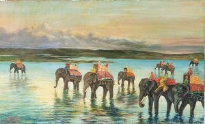 Arte Indiana - 'Dipinto raffigurante elefanti che guadano un fiume firmato A. Baldetti e datato 1925Olio su tela'