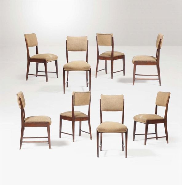 Otto sedie con struttura in legno e rivestimenti in tessuto.  - Asta Design - Associazione Nazionale - Case d'Asta italiane