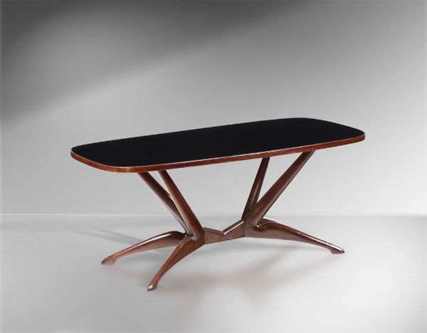 Tavolo con struttura in legno e piano in vetro colorato.  - Asta Design - Associazione Nazionale - Case d'Asta italiane