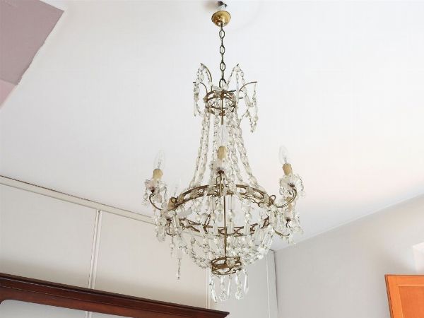 Piccolo lampadario a paniere in metallo, vetro e cristallo  - Asta House sale: Arte e Design da villa 