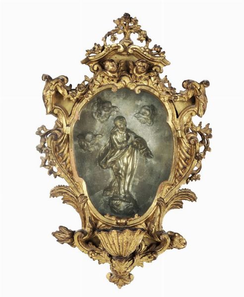 Acquasantiera in legno intagliato e dorato, XVIII secolo  - Asta Antiquariato - Associazione Nazionale - Case d'Asta italiane