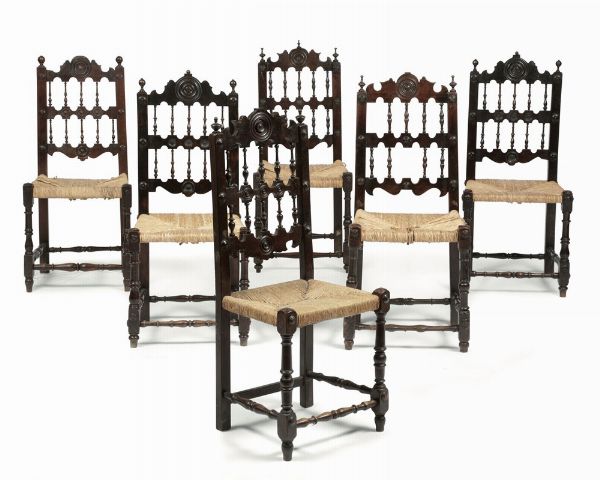 Sei sedie da balia in legno tornito, XIX secolo  - Asta Antiquariato - Associazione Nazionale - Case d'Asta italiane