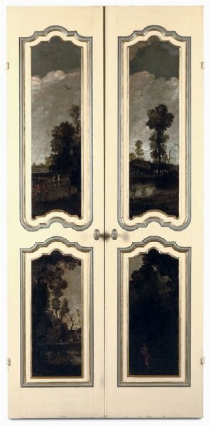 Porta a due ante in legno dipinto con paesaggio, XVIII secolo  - Asta Antiquariato - Associazione Nazionale - Case d'Asta italiane