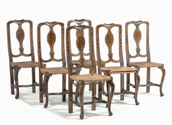 Sei sedie in legno laccato, Venezia XVIII secolo  - Asta Antiquariato - Associazione Nazionale - Case d'Asta italiane