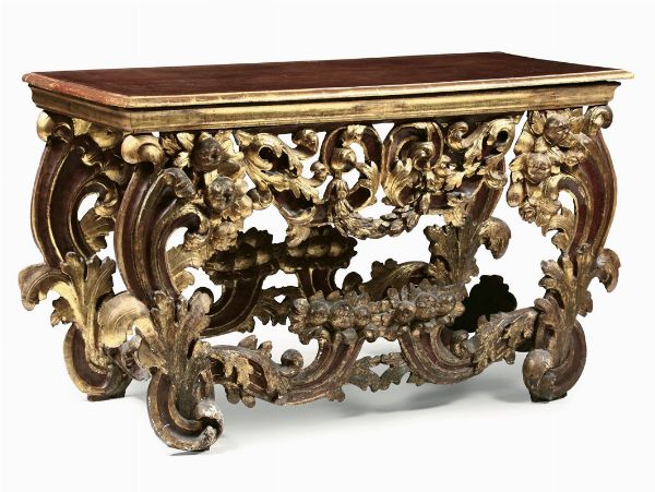 Consolle in legno intagliato, dorato e laccato, XVIII secolo  - Asta Antiquariato - Associazione Nazionale - Case d'Asta italiane