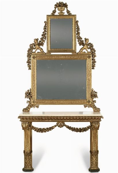 Consolle con specchiera in legno intagliato e dorato, XVIII secolo  - Asta Antiquariato - Associazione Nazionale - Case d'Asta italiane