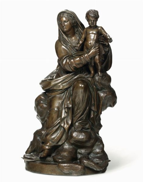Scultura in bronzo raffigu rante Madonna con bambino, XIX secolo, firmata Delus  - Asta Antiquariato - Associazione Nazionale - Case d'Asta italiane