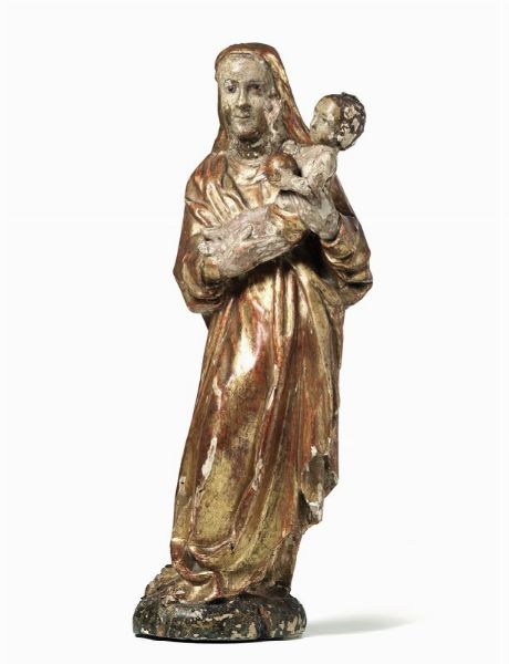 Madonna col Bambin Ges. Legno intagliato, dorato e dipinto. Probabile XVII secolo  - Asta Antiquariato - Associazione Nazionale - Case d'Asta italiane