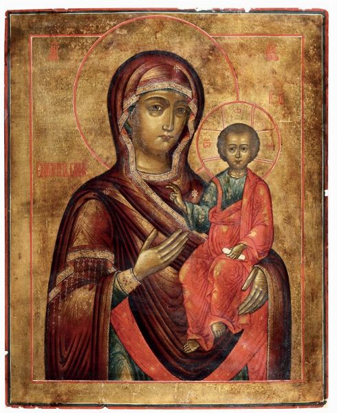 Icona raffigurante Madonna di Smolensk, Russia XIX secolo  - Asta Antiquariato - Associazione Nazionale - Case d'Asta italiane