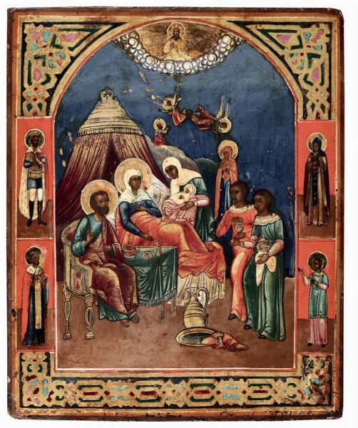 Icona raffigurante La nascita di Maria , Russia XIX secolo  - Asta Antiquariato - Associazione Nazionale - Case d'Asta italiane