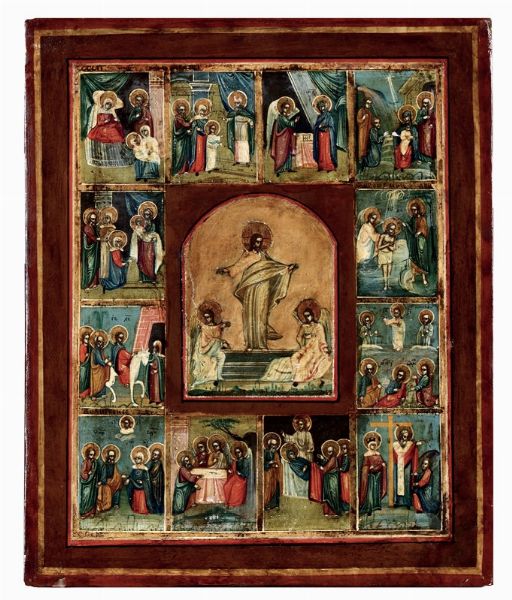 Icona raffigurante  le dodici grandi feste della Chiesa ortodossa, Russia XIX secolo  - Asta Antiquariato - Associazione Nazionale - Case d'Asta italiane