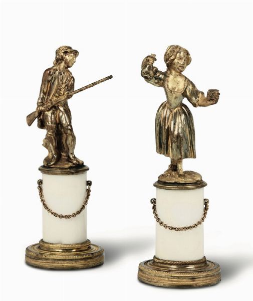 Coppia di figure in bronzo dorato su basi in marmo bianco, fine XVIII secolo  - Asta Antiquariato - Associazione Nazionale - Case d'Asta italiane