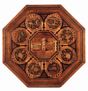 Tavolino ottagonale in legno impiallacciato ed intarsiato, XIX secolo  - Asta Antiquariato - Associazione Nazionale - Case d'Asta italiane