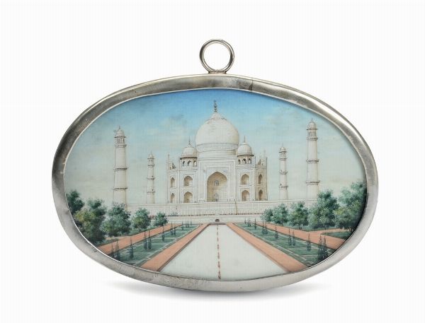 Miniatura ovale su avorio raffigurante il Taji Mahal con cornice in argento, India (?), XIX-XX secolo  - Asta Argenti da Collezione - Associazione Nazionale - Case d'Asta italiane