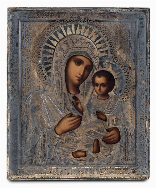 Icona raffigurante Madonna con Bambino con riza in argento, XIX secolo  - Asta Argenti da Collezione - Associazione Nazionale - Case d'Asta italiane