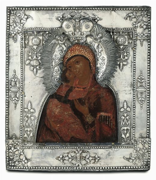 Icona raffigurante Madonna di Vladimir con riza in argento sbalzato e cesellato, Russia 1801, probabilmente Kostroma  - Asta Argenti da Collezione - Associazione Nazionale - Case d'Asta italiane