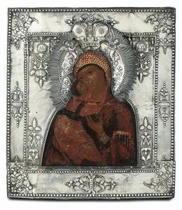 Icona raffigurante Madonna di Vladimir con riza in argento sbalzato e cesellato, Russia 1801, probabilmente Kostroma  - Asta Argenti da Collezione - Associazione Nazionale - Case d'Asta italiane