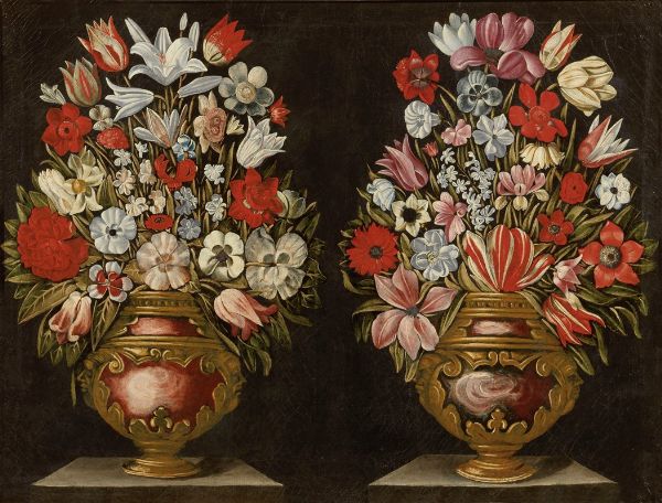 Due vasi a grottesche con fiori  - Asta IMPORTANTI DIPINTI ANTICHI - Associazione Nazionale - Case d'Asta italiane