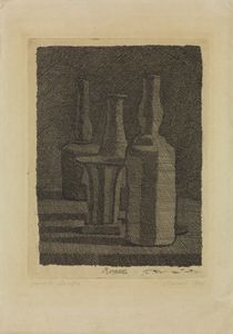 MORANDI GIORGIO (1890 - 1964) - Natura morta con vasetto e tre bottiglie