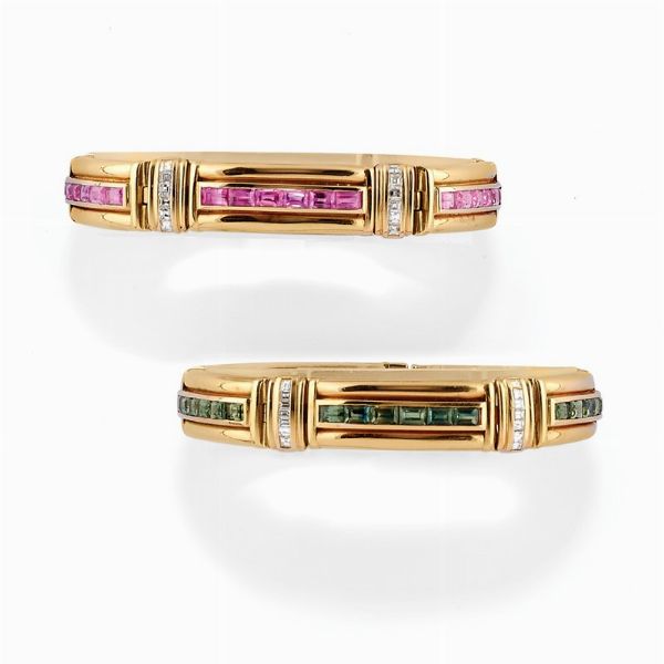 Due bracciali con zaffiri verdi, rosa e diamanti  - Asta Gioielli, Orologi, Argenti, Monete - Associazione Nazionale - Case d'Asta italiane