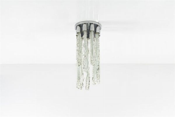 MAZZEGA : Lampada in metallo cromato con elementi in vetro di Murano. Anni '70 cm 80x35  - Asta Asta 155 - Design - Associazione Nazionale - Case d'Asta italiane
